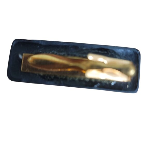 Vintage Black Lacquer Gold Tie Clip Shell Mother of Pearl Feather Inlay Design - Picture 8 of 10